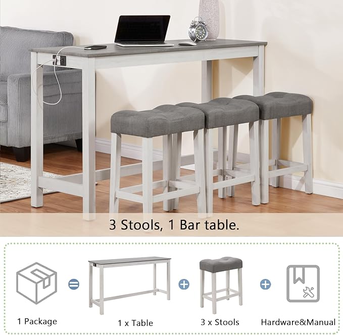 4-Piece Wooden Counter-Table Set with Power Outlet, Industrial Kitchen Dining Tables with 3 Upholstered Stools, 59 Inch Farmhouse Bar Table Chairs w/USB and Type-C Ports, White