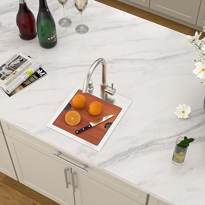 Dcolora Drop In Bar Sink 13x15x9 Inches, Workstation with Accessories, Brushed 304 Stainless Steel, Heavy Duty 16 Gauce, Small Single Bowl Perfect for Small Kitchen, Bar, Kitchen Island #DC-TW258005