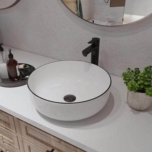 DeerValley 16'' Round Vessel Sink, Bathroom Sinks Above Counter White Ceramic Bathroom Vessel Sinks, Porcelain Sink Bowl for Bathroom, White Body with Black Trim Vanity Sink Basin DV-1V0030