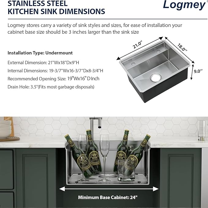 Logmey 21x18 Inch Outdoor Kitchen Sink Undermount Stainless Steel Single Bowl 16-Gauge Undermount Bar Sink with Foldable Faucet Combo Cover