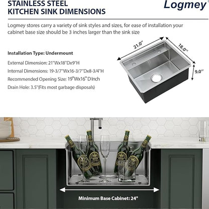 Logmey 21x18 Inch Outdoor Kitchen Sink Undermount Stainless Steel Single Bowl 16-Gauge Undermount Bar Sink with Foldable Faucet Combo Cover