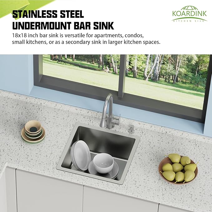 18x18 In Undermount Kitchen And Bar Sink- Stainless Steel Single Bowl Kitchen Sink Modern Drop In Bar Sink With Silicon Mat,Drain Strainer Set Compatibility With Various Kitchen & Bar Style