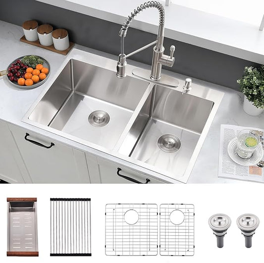 33x22 Inch Double Bowl Kitchen Sink Drop In - 16 Gauge Stainless Steel Top Mount Drop In Sink, 60/40 Split, Durable for Home Kitchen