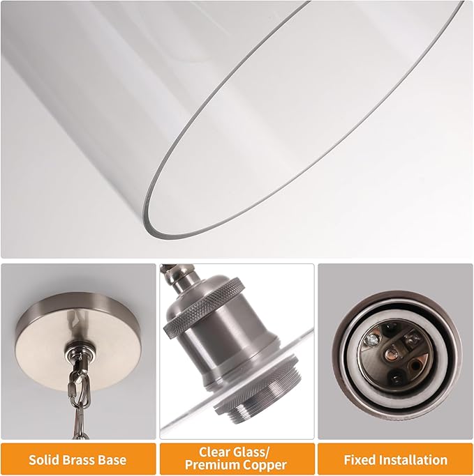 Modern Pendant Light, 7.7" Clear Glass Cylinder Hanging Fixture with Brushed Nickel Finish, Adjustable Chain Chandelier for Kitchen Island Dining Room Hallway Entryway, E26 Base