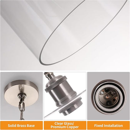 Modern Pendant Light, 7.7" Clear Glass Cylinder Hanging Fixture with Brushed Nickel Finish, Adjustable Chain Chandelier for Kitchen Island Dining Room Hallway Entryway, E26 Base