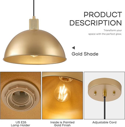 12 Inch Gold Dome Pendant Lights 2 Pack for Kitchen Island, Height Adjustable Farmhouse Industrial Hanging Light Fixtures Over Table for Dining Room, Entryway