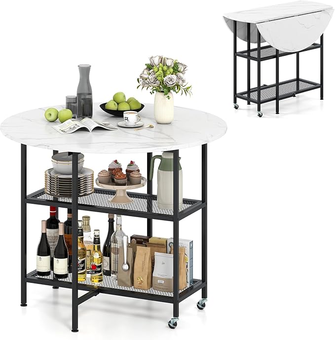Giantex 40" Folding Dining Table with Lockable Wheels, Storage Shelves, Space-Saving Drop Leaf, Movable & Expandable Round Kitchen Table for Dinette Small Place Apartment Living Room (White)