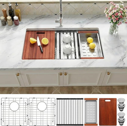 Undermount Double Kitchen Sink, 16 Gauge SUS304 Stainless Steel Kitchen Sinks,50/50 Features All In One Workstation Sinks with Accessories, 32"x 18" x 10" Large and Deep Double Kitchen Sink