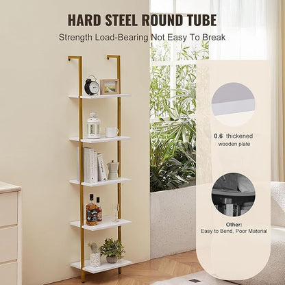 VEVOR Ladder Shelf, 5-Tier Bookshelf 15.6x11.8in, Open Wall-Mounted Ladder Shelf with Metal Frame,Storage Rack Sundries Holder for Kitchen Bedroom Bathroom Living Room, Gold White