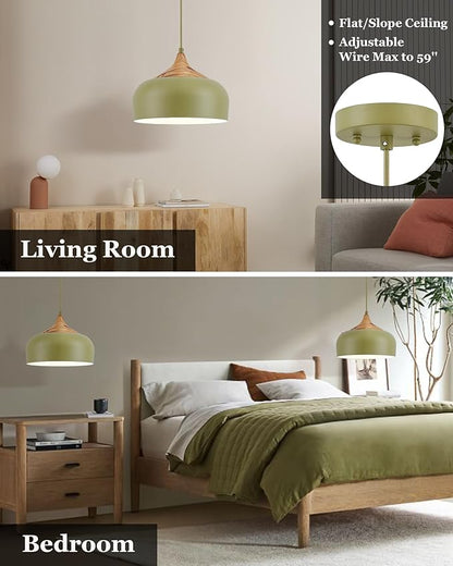 ELYONA Vintage Pendant Light Fixtures with Faux Pine Wood Grain, 12 Inch Adjustable Hanging Light Moss Green Metal Shade, Mid Century Modern Nordic Pendant Lamp for Kitchen Island Dining Room Bedroom