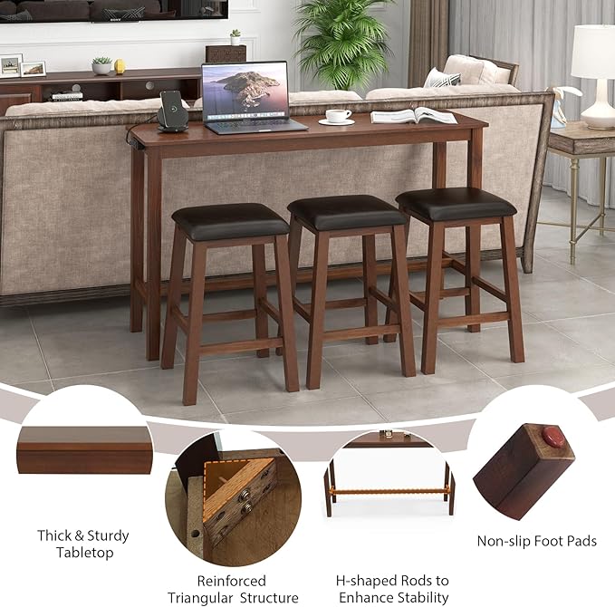 Giantex Dining Table Set, Kitchen Table Set, 4-Piece Counter Height Dining Set with 3 Upholstered Stools, Power Socket, Bar Table and Chairs Set for Small Space, Living Room, Dining Room Table Set