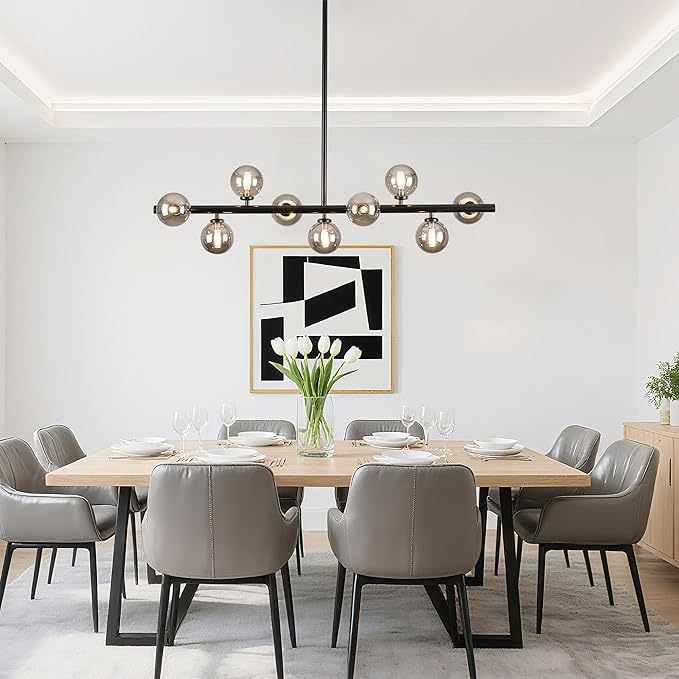 Mid Century Modern Globe Sputnik Chandelier, 9-Light Linear Chandeliers for Dining Room and Kitchen Island, Dining Light Fixture Over Table, Black and Smoke Grey Glass Bubble, 40 Inch