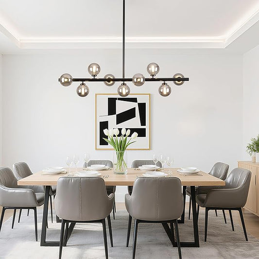 Mid Century Modern Globe Sputnik Chandelier, 9-Light Linear Chandeliers for Dining Room and Kitchen Island, Dining Light Fixture Over Table, Black and Smoke Grey Glass Bubble, 40 Inch