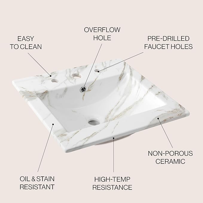 JONATHAN Y SNK1000C Ancillary 3-Hole 20 in. W x 18.25 in. D Classic Contemporary Rectangular Ceramic Single Sink Basin Vanity Top, White Marble Effect