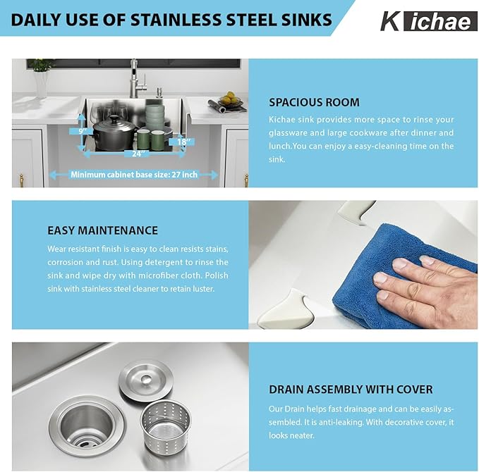Kichae 24 Drop In Kitchen Sink - Stainless Steel Sinks 24 x 18 Inch Topmount Overmount Single Bowl Handmade Basin with Accessories