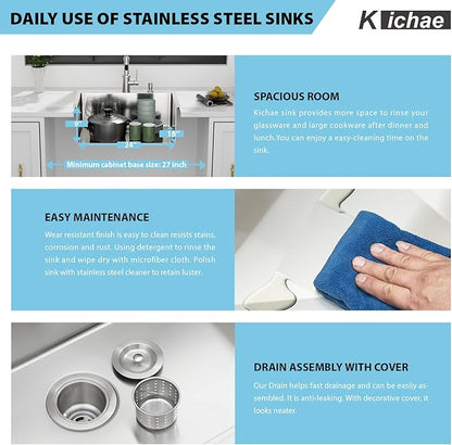 Kichae 24 Drop In Kitchen Sink - Stainless Steel Sinks 24 x 18 Inch Topmount Overmount Single Bowl Handmade Basin with Accessories