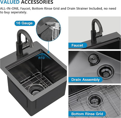 13"x15" Drop In Bar Prep Sink Workstation – Gunmetal Black NANO-PVD, 16 Gauge 304 Stainless Steel, Single Bowl Top Mount Wet Bar RV Outdoor Kitchen Sink with Faucet