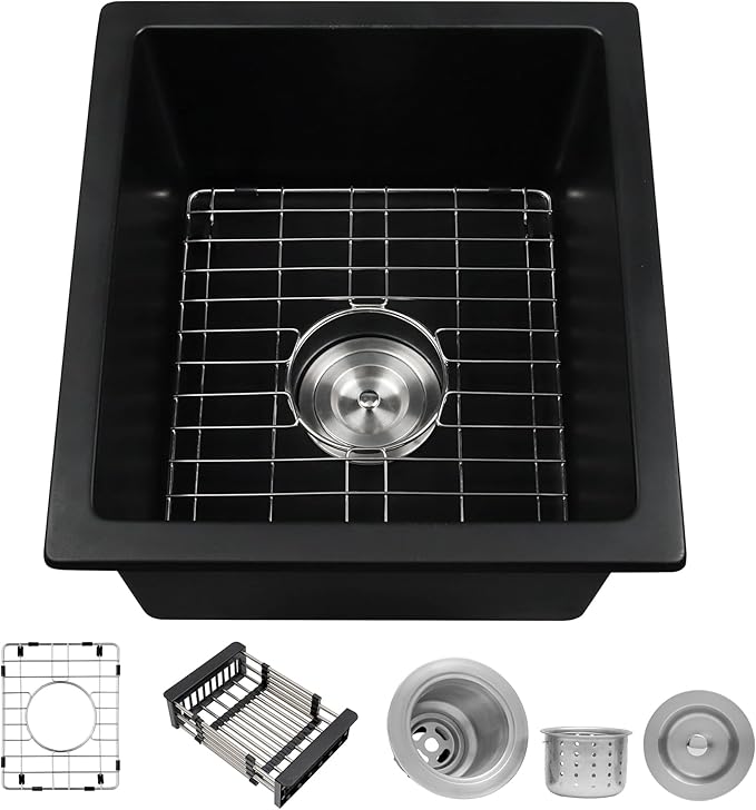 MILOSEN Black Undermount Bar Sink, 16×18 Inch Small Black Wet Bar or Prep Sink, 9 Inch Deep Granite Composite Outdoor Single Bowl Basin with Accessories, Small Quartz Sinks