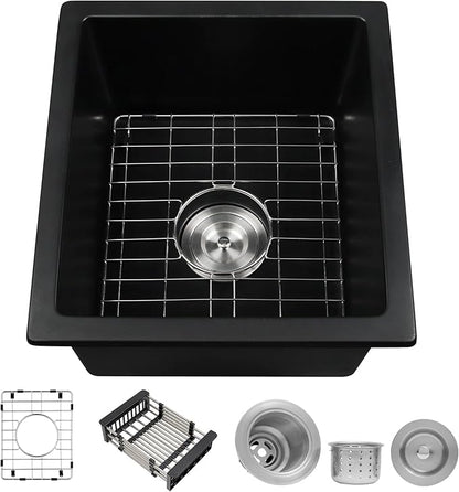 MILOSEN Black Undermount Bar Sink, 16×18 Inch Small Black Wet Bar or Prep Sink, 9 Inch Deep Granite Composite Outdoor Single Bowl Basin with Accessories, Small Quartz Sinks