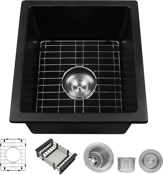MILOSEN Black Undermount Bar Sink, 16×18 Inch Small Black Wet Bar or Prep Sink, 9 Inch Deep Granite Composite Outdoor Single Bowl Basin with Accessories, Small Quartz Sinks