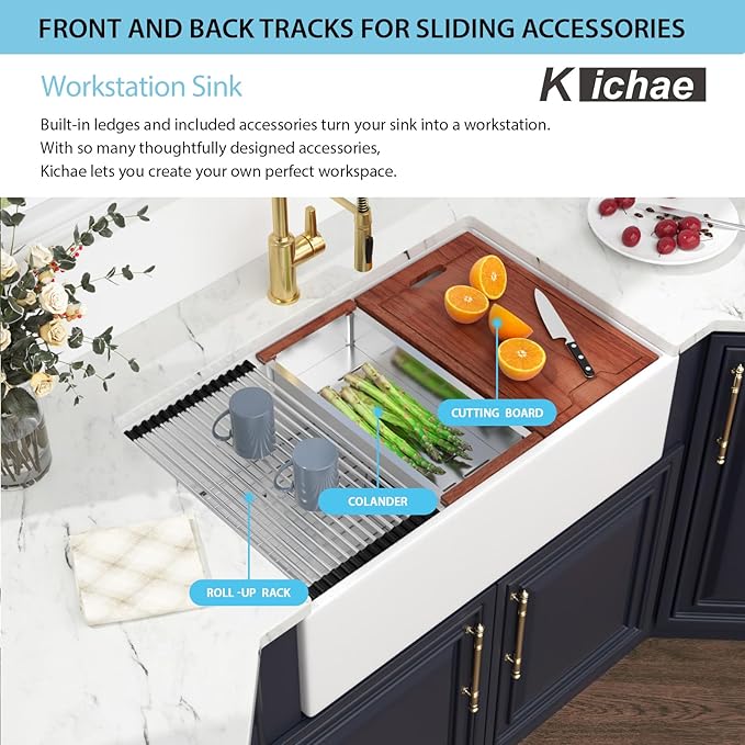 Kichae 33 White Farmhouse Sink Workstation - 33 x 20 Flat Apron Front Farmhouse Kitchen Sink Farm Farmer Porcelain Fireclay Ceramic Ledge Workstation Single Bowl Basin