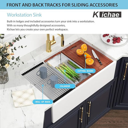 Kichae 33 White Farmhouse Sink Workstation - 33 x 20 Flat Apron Front Farmhouse Kitchen Sink Farm Farmer Porcelain Fireclay Ceramic Ledge Workstation Single Bowl Basin