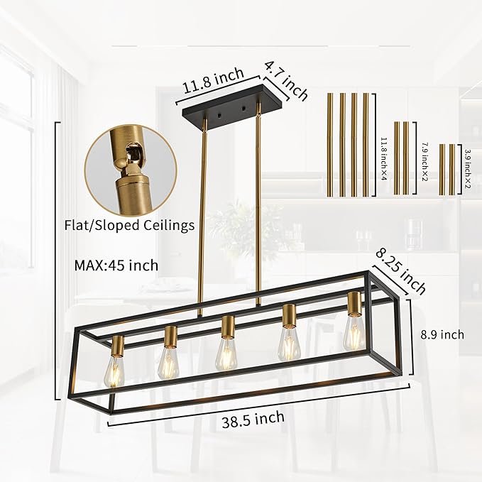 Kitchen Light Fixtures Farmhouse Rectangle Chandeliers Dining Room Light for Dining Rooms, Light Fixture Matte 5-Light Industrial Pendant Lighting