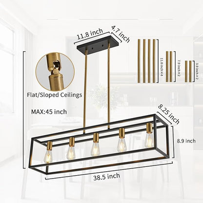 Kitchen Light Fixtures Farmhouse Rectangle Chandeliers Dining Room Light for Dining Rooms, Light Fixture Matte 5-Light Industrial Pendant Lighting