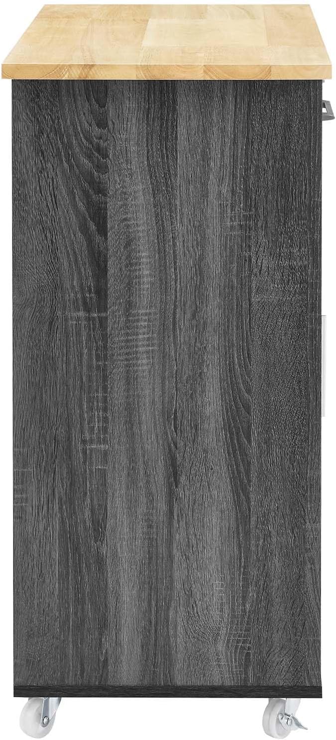 Modway Culinary Rolling Kitchen Cart with Storage in Charcoal Natural - 3 Tiers Kitchen Island on Wheels with Towel Bar, Functional as a Coffee Station, Bar Cabinet or Butcher Block Island