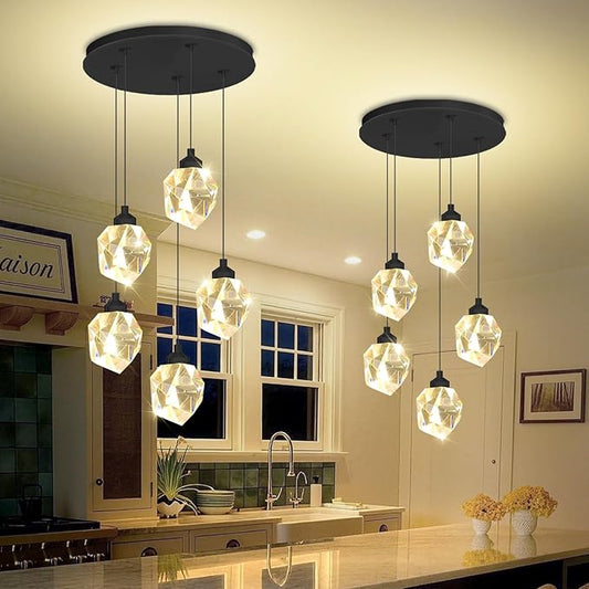 5-Light Cluster Crystal Raindrop Pendant Lights- 25W Black LED Dimmable Hanging Light Fixture Chandelier for Kitchen Island, Dining Room Living Room