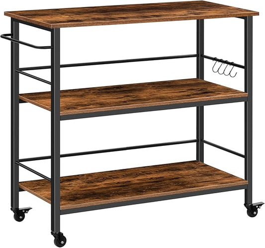 HOOBRO Kitchen Island with Storage, Industrial Kitchen Counter with Hooks and Side Enclosures, 3 Tier Kitchen Cart with Large Workstation, Saving Space, Easy Assembly, Rustic Brown and Black BF03ZD01