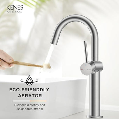KENES Brushed Nickel Vessel Sink Faucet, Single Handle Tall Bathroom Faucet Single Hole, Modern Bathroom Vanity Faucet with Pop Up Drain and Supply Lines, KE-9005C