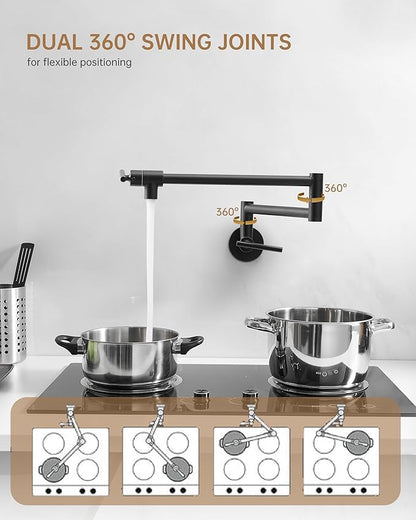 Fransiton Matte Black Pot Filler, Pot Filler Faucet Wall Mount, Brass Folding Stretchable with Double Joint Swing Arm Single Hole Two Handles Kitchen