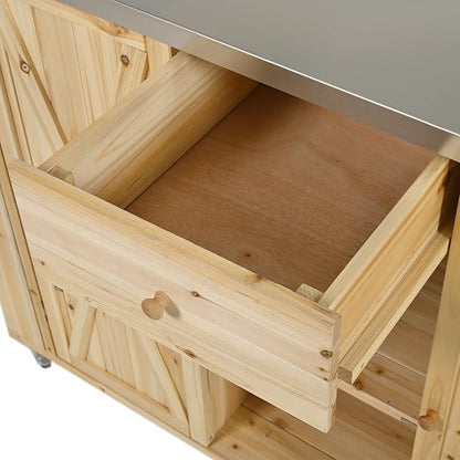 YOPTO Outdoor Kitchen Island Fir Wood Kitchen Island with Stainless Steel Top,Ample Storage Space,Towel and Spice Racks and a Bottle Opener for Outdoor,Natural
