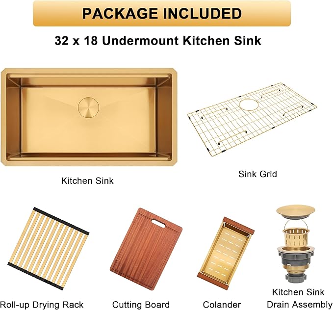 Gold Undermount Kitchen Sink,16 Gauge SUS304 Stainless Steel All In One Workstation Sinks with Full Set Accessories, 32" x 18" x 10" Large and Deep Handmade Single Bowl Kitchen Sinks
