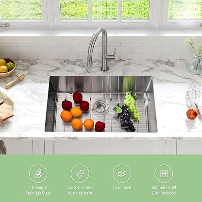 GarveeTech Kitchen Sinks,30×18×10 inch Single Bowl Undermount Kitchen Sink – Brushed 304 Stainless Steel, 10 inch Deep Basin, 2.0mm Rim & 1.0mm Bowl, Bottom Grid & Drain Assembly