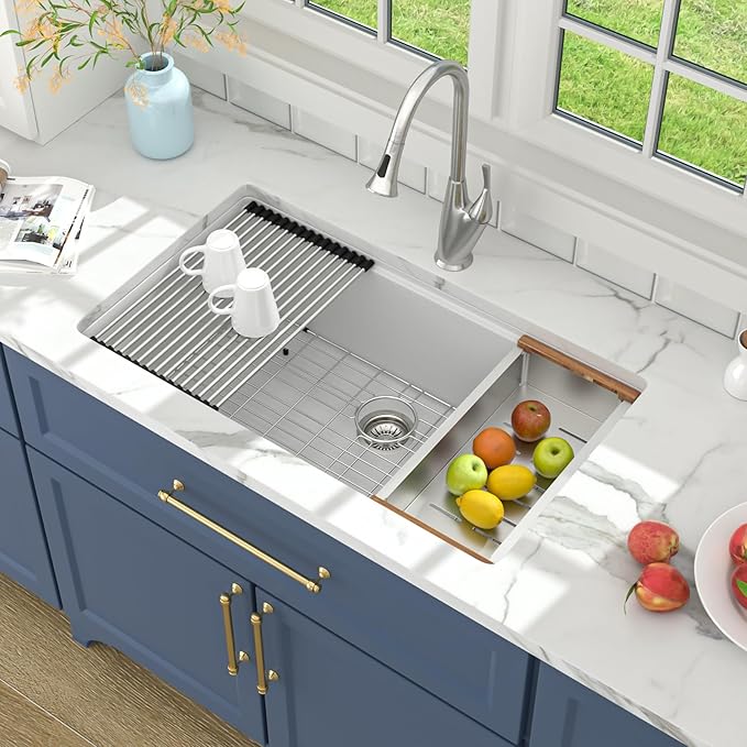 Lordear 30 White Undermount Kitchen Sink Granite Composite 30x19 Inch Undermount Workstation Sinks Quartz Gloosy White Single Bowl Sink