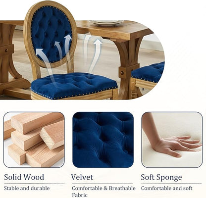 Velvet Dining Chairs Set of 6, Vintage Wooden Dining Chair with Solid Wood Legs, Upholstered Farmhouse Kitchen Chair for Living Room, Restaurant, Bedroom (Blue, Set of 6)