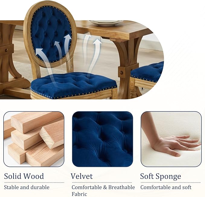 Velvet Dining Chairs Set of 2, Vintage Wooden Dining Chair with Solid Wood Legs, Upholstered Farmhouse Kitchen Chair for Living Room, Restaurant, Bedroom (Blue, Set of 2)