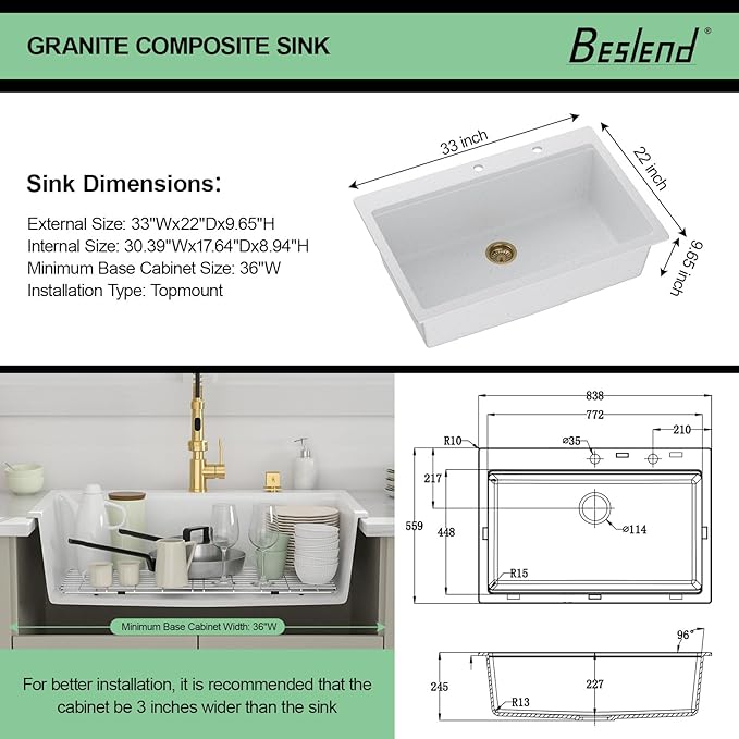 33 Granite Composite Kitchen Sink - Beslend 33x22 Drop In White Kitchen Sink, Topmount Granite Luxury Above Counter Worksation White Sinks Easy Clean Quartz Dish Basin for Kitchen Remodel