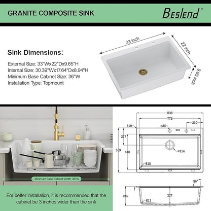33 Granite Composite Kitchen Sink - Beslend 33x22 Drop In White Kitchen Sink, Topmount Granite Luxury Above Counter Worksation White Sinks Easy Clean Quartz Dish Basin for Kitchen Remodel