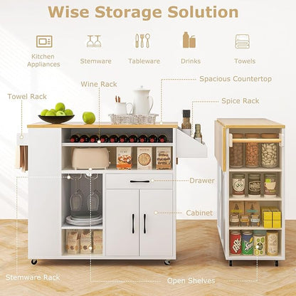 Giantex Rolling Kitchen Island Cart w/Drop Leaf, Power Outlet, Wine Rack, Stemware Rack, Drawer, Spice Rack, Mobile Storage Cart, Island Table on Wheels for Breakfast Dining (White & Natural)