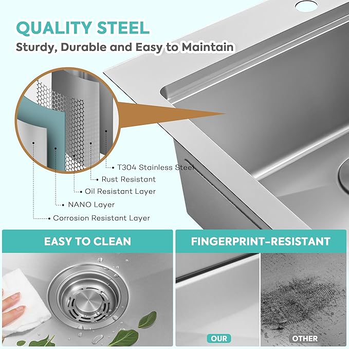 Rhbamoa Drop In Kitchen Sink 31 Inch,16 Gauge T304 Stainless Steel Drop In Kitchen Sinks,Single Bowl Workstation Sink,10 Inch Deep Topmount Sinks with All Accessories