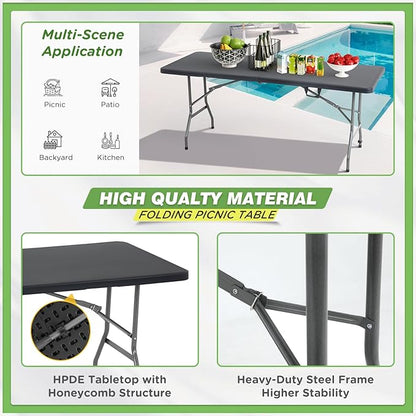 BestOffice Outdoor 6 FT Folding Camping Table Plastic Table Portable Square Height Dining Table Perfect for Picnics, Parties, Party and Camping, Black