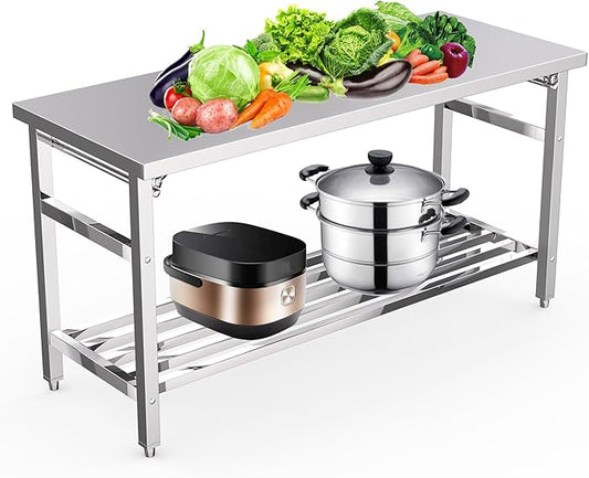 Stainless Steel Folding Table 24 x 60 Inch, Commercial Worktables Workstations, Heavy Duty Kitchen Island with Undershelf for Restaurant Kitchens Laundry, Silver