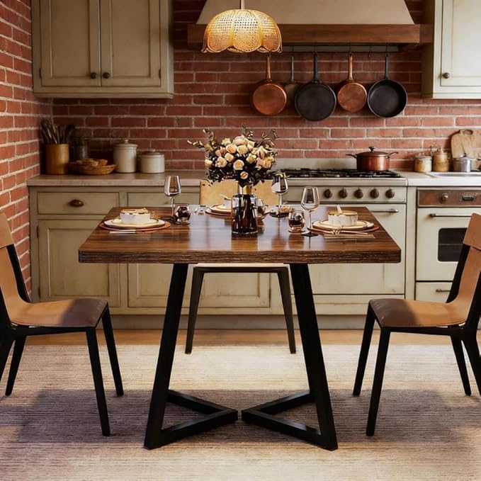 Solid Wood Square Dining Table with Rustic Farmhouse Design for Kitchen or Dining Room