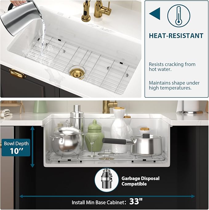 White Undermount Kitchen Sink 30 Inch Porcelain White Kitchen Sink 30"x18"x10" Dual Mount Single Bowl Ceramic Kitchen Sinks - Gold Drain Set
