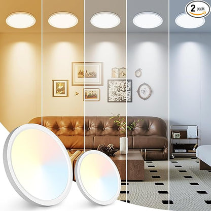 Peasur 7 inch LED Ceiling Light, 3000K/3500K/4000K/5000K/6500K Adjustable Flush Mount Light Fixture,1500LM 15W Thin White Round Lamp for Hallway Kitchen Bathroom Bedroom, 2Pack