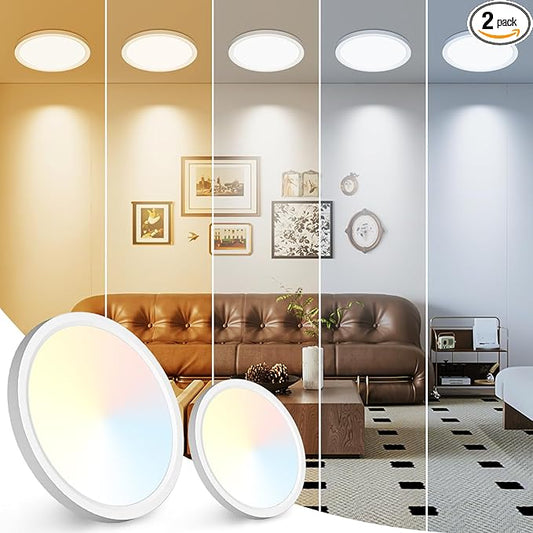 Peasur 7 inch LED Ceiling Light, 3000K/3500K/4000K/5000K/6500K Adjustable Flush Mount Light Fixture,1500LM 15W Thin White Round Lamp for Hallway Kitchen Bathroom Bedroom, 2Pack