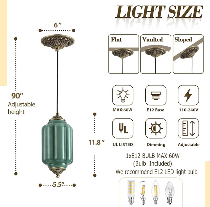 Vintage Milk Glass Pendant Light Antique Green Ceiling Light Fixture for Kitchen Island, Bedroom, Bedside, Dining Room, Hallway, Bulb Included